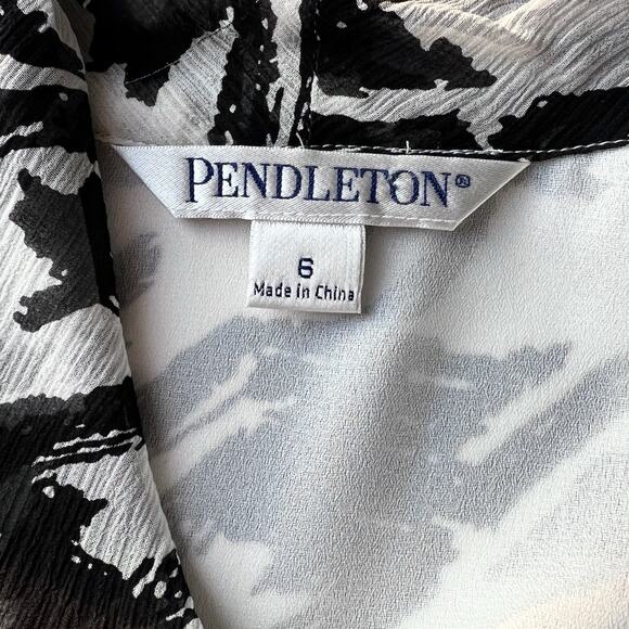 Pendleton Silk Secretary Black & White Blouse Houndstooth Tie Neck Office Sz 6 - Picture 7 of 16